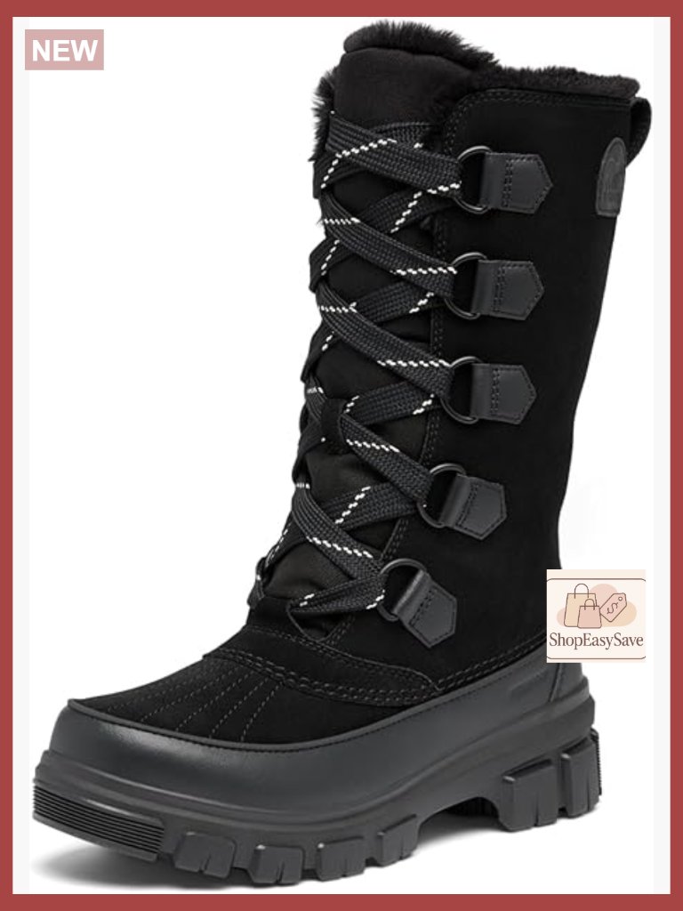 Waterproof Snow Boots Calf High Faux Fur Trim Classic Winter Boots Lace Up